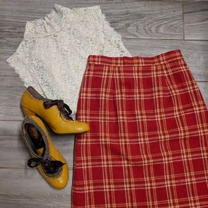 Adolfo Studio Linen Plaid Pencil Skirt Red